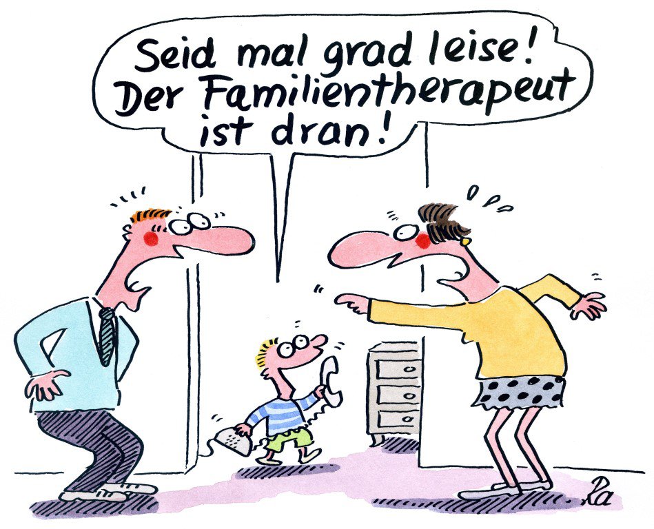 Eltern streiten lautstark, Junge steht mit Telefon in der Tür und sagt: "Seid mal grad leise! Der Familientherapeut ist dran."